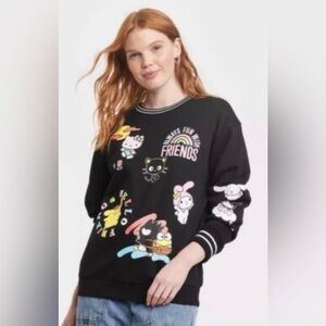 Hello Kitty Sanrio Black Crewneck Sweatshirt with White Stripe Trim